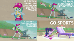 Size: 1986x1117 | Tagged: safe, edit, edited screencap, editor:quoterific, imported from derpibooru, screencap, rainbow dash, sci-twi, twilight sparkle, human, equestria girls, equestria girls series, forgotten friendship, book, cap, clothes, drone, duo, eyes closed, feet, flip-flops, go sports, hat, open mouth, sandals, sitting, solo, sports, swimsuit, volleyball