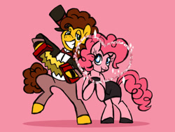 Size: 1080x810 | Tagged: safe, artist:sinjaaussiaangels, imported from derpibooru, cheese sandwich, pinkie pie, earth pony, pony, accordion, bipedal, black dress, cheesepie, clothes, dress, female, hat, heart, little black dress, male, musical instrument, pink background, shipping, simple background, straight, top hat