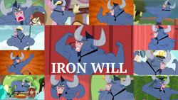 Size: 1966x1107 | Tagged: safe, edit, edited screencap, editor:quoterific, imported from derpibooru, screencap, iron will, ocellus, sandbar, yona, changedling, changeling, minotaur, pony, yak, a matter of principals, once upon a zeppelin, putting your hoof down, season 2, season 7, season 8, spoiler:s08, abs, breaking the fourth wall, duo, eyes closed, female, hat, looking at you, male, open mouth, solo, teeth