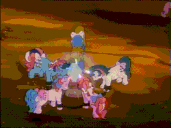 Size: 640x480 | Tagged: safe, imported from derpibooru, screencap, 4-speed, buttons (g1), fizzy, galaxy (g1), gusty, quarterback, quarterback (g1), ribbon (g1), slugger, somnambula (g1), bird, bull, earth pony, human, pony, unicorn, my little pony 'n friends, somnambula (episode), age progression, animated, big brother ponies, broken, cage, canary, chains, crystal, defeated, female, g1, kyrie, male, mare, old, running away, shattered, stallion, wagon, witch