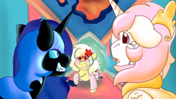 Size: 1919x1079 | Tagged: safe, artist:euspuche, imported from derpibooru, nightmare moon, princess celestia, oc, oc:carmen garcía, angry, crying, looking at each other, portal, sad, young celestia