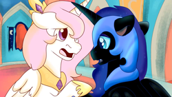 Size: 1919x1079 | Tagged: safe, artist:euspuche, imported from derpibooru, nightmare moon, princess celestia, looking at each other, sad, young celestia