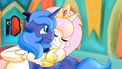Size: 1919x1079 | Tagged: safe, artist:euspuche, imported from derpibooru, princess celestia, princess luna, crying, hug, looking at each other, smiling, young celestia, young luna