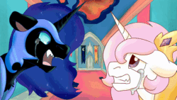 Size: 600x338 | Tagged: safe, artist:euspuche, imported from derpibooru, nightmare moon, princess celestia, princess luna, oc, oc:carmen garcía, oc:cloud rider, angry, animated, crying, eyes closed, flower, flower in hair, gem, gif, hug, looking at each other, looking down, portal, sad, smiling, tweening, young celestia, young luna
