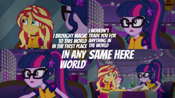 Size: 1986x1117 | Tagged: safe, edit, edited screencap, editor:quoterific, imported from derpibooru, screencap, fluttershy, sci-twi, sunset shimmer, twilight sparkle, human, equestria girls, equestria girls series, spring breakdown, spoiler:eqg series (season 2), duo, duo female, female, glasses, implied lesbian, implied scitwishimmer, implied shipping, lifejacket, open mouth, sitting, teeth, trio, trio female