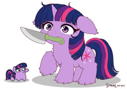 Size: 1280x896 | Tagged: safe, artist:jargon scott, artist:symbianl, imported from derpibooru, twilight sparkle, pony, unicorn, alternate style, cute, female, floppy ears, fluffy, knife, mare, mouth hold, simple background, size comparison, solo, squatpony, this will end in tears, twiggie, unicorn twilight, weapons-grade cute, what has science done