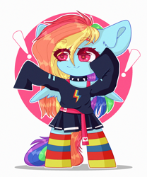 Size: 2000x2400 | Tagged: safe, artist:etoz, imported from derpibooru, rainbow dash, pegasus, pony, belt, bipedal, blouse, choker, clothes, cute, dashabetes, female, happy, mare, skirt, smiling, socks, solo, stockings, striped socks, striped stockings, thigh highs, wings