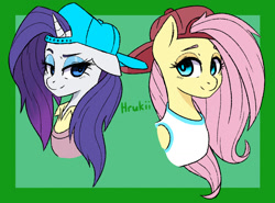 Size: 1150x850 | Tagged: safe, artist:hrukii, imported from derpibooru, fluttershy, rarity, pegasus, pony, 90s grunge fluttershy, alternate hairstyle, backwards cap, bust, cap, disguise, hat, lidded eyes, plainity, smiling