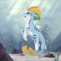 Size: 2449x2449 | Tagged: safe, artist:eeviart, imported from derpibooru, hybrid, merpony, sea pony, bubble, crepuscular rays, fins, fish tail, flowing mane, flowing tail, high res, looking up, ocean, open mouth, rock, seaweed, signature, solo, sunlight, swimming, tail, underwater, water, yellow eyes