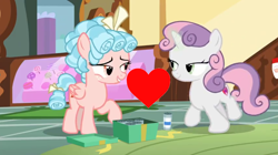 Size: 1280x716 | Tagged: safe, edit, edited screencap, imported from derpibooru, screencap, cozy glow, sweetie belle, pegasus, pony, unicorn, marks for effort, cozybelle, female, filly, heart, lesbian, shipping, shipping domino, sugarcube corner