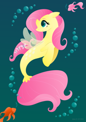 Size: 2059x2912 | Tagged: safe, artist:lavenderrain24, imported from derpibooru, fluttershy, fish, pegasus, pony, seapony (g4), blue background, bubble, clothes, dorsal fin, eyelashes, female, fin wings, fish tail, flowing mane, flowing tail, green eyes, seaponified, seapony fluttershy, see-through, simple background, smiling, solo, species swap, speedpaint, swimming, tail, underwater, watershy, wings