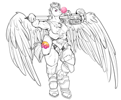 Size: 11811x9843 | Tagged: safe, artist:sourcherry, imported from derpibooru, oc, oc only, oc:mending sun, anthro, pegasus, unguligrade anthro, fallout equestria, armor, bubblegum, clothes, food, gum, gun, leaning back, muscles, power armor, scar, solo, tanktop, weapon, wings