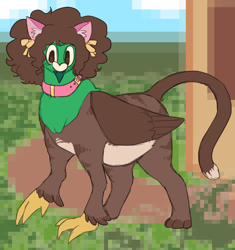 Size: 822x876 | Tagged: safe, artist:greenarsonist, imported from derpibooru, oc, oc only, oc:frizz, griffon, cat ears, catboy, chubby, collar, fluffy hair, griffon oc, male, pixelated, redesign, solo, trans, trans male, transgender