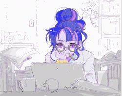 Size: 1677x1324 | Tagged: safe, artist:5mmumm5, imported from derpibooru, sci-twi, twilight sparkle, human, equestria girls, bookshelf, computer, food, glasses, hair bun, house plant, laptop computer, limited palette, pen in mouth, solo, tea