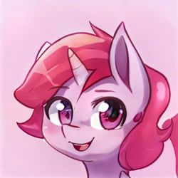 Size: 1024x1024 | Tagged: safe, artist:thisponydoesnotexist, imported from derpibooru, pony, ai content, ai generated, generator:thisponydoesnotexist, horn, neural network, open mouth, pink background, simple background, solo