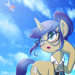 Size: 1000x1000 | Tagged: safe, artist:uotapo, imported from derpibooru, nosey news, oc, pony, unicorn, camera, cloud, crossover, dc comics, female, glasses, mare, ponified, quill (character), raised hoof, sky, superhero, superman