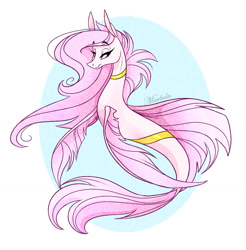 Size: 1280x1299 | Tagged: safe, artist:marbola, imported from derpibooru, oc, oc only, hybrid, merpony, commission, dorsal fin, eyelashes, female, fins, fish tail, flowing mane, lidded eyes, long mane, long tail, pink mane, purple eyes, signature, simple background, smiling, solo, tail, white background