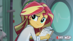 Size: 1920x1080 | Tagged: safe, artist:alex mlp, edit, edited screencap, imported from derpibooru, screencap, sunset shimmer, equestria girls, clothes, cute, lab coat, laboratory, looking back, pencil, redraw, smiling, solo