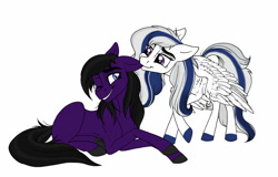 Size: 1024x654 | Tagged: safe, artist:celestial-rainstorm, imported from derpibooru, oc, oc only, oc:andrewmeda, oc:milky way (sodadrinker11), earth pony, pegasus, pony, biting, ear bite, female, lying down, male, mare, prone, simple background, stallion, white background