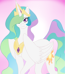 Size: 700x800 | Tagged: safe, artist:dangel-demon, imported from derpibooru, princess celestia, alicorn, pony, crown, ear fluff, female, hair over one eye, jewelry, looking at you, mare, regalia, solo