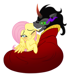 Size: 1095x1200 | Tagged: safe, artist:jennieoo, artist:mickeymonster, imported from derpibooru, fluttershy, king sombra, pegasus, pony, unicorn, biting, blushing, ear bite, female, male, shipping, show accurate, simple background, smiling, sombrashy, straight, transparent background, vector