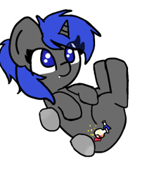 Size: 454x495 | Tagged: safe, artist:two2sleepy, imported from derpibooru, oc, oc only, oc:dream vezpyre, oc:dream², original species, pony, snake, snake pony, unicorn, chibi, cute, cute little fangs, disembodied hoof, eye clipping through hair, fangs, holding a pony, offscreen character, ponytail, smol, solo