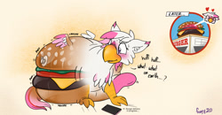 Size: 1280x668 | Tagged: safe, artist:foxxy-arts, imported from derpibooru, oc, oc only, oc:foxxy hooves, hippogriff, blushing, burger, cellphone, female, food, heart, hippogriff oc, inanimate tf, inflatable, phone, restaurant, smartphone, solo, transformation