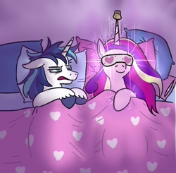 Size: 923x906 | Tagged: safe, artist:jargon scott, imported from derpibooru, part of a set, princess cadance, shining armor, alicorn, pony, unicorn, bed, bedroom, cork, duo, female, floppy ears, glowing eyes, horn, horn cap, male, pillow, princess of love, shiningcadance, shipping, sleep mask, sleepy, straight, tired eyes