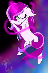 Size: 540x816 | Tagged: safe, artist:aquabright0219, imported from derpibooru, oc, oc only, pony, unicorn, abstract background, eyelashes, female, glowing horn, horn, mare, one eye closed, signature, solo, unicorn oc, wink