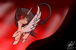 Size: 423x280 | Tagged: safe, artist:aquabright0219, imported from derpibooru, oc, oc only, alicorn, pony, alicorn oc, flying, glowing eyes, horn, raised hoof, signature, solo, wings
