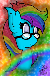 Size: 1080x1632 | Tagged: safe, artist:aquabright0219, imported from derpibooru, oc, oc only, earth pony, pony, abstract background, bust, ear fluff, earth pony oc, eyelashes, glasses, multicolored hair, rainbow hair, signature, solo
