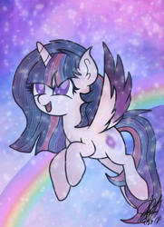 Size: 1080x1494 | Tagged: safe, artist:aquabright0219, imported from derpibooru, oc, oc only, alicorn, pony, alicorn oc, ear fluff, eyelashes, flying, horn, open mouth, rainbow, signature, smiling, solo, two toned wings, wings