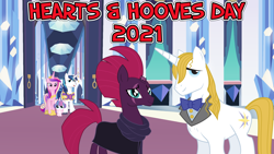 Size: 2064x1161 | Tagged: safe, anonymous artist, imported from derpibooru, prince blueblood, princess cadance, princess flurry heart, shining armor, tempest shadow, alicorn, pony, unicorn, 2021, berryblood, crystal empire, female, hallway, hearts and hooves day, holiday, looking at you, male, princess of love, princess of shipping, royal family, shiningcadance, shipper on deck, shipping, smiling, straight, valentine's day, youtube link in the description