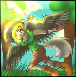 Size: 2438x2459 | Tagged: safe, artist:juliet-gwolf18, imported from derpibooru, oc, oc only, oc:juliet, human, boots, clothes, female, gloves, humanized, outdoors, running, shoes, solo, tree, winged humanization, wings