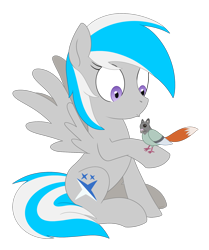 Size: 1626x1948 | Tagged: safe, artist:dyonys, imported from derpibooru, oc, oc only, oc:abomination, oc:northern cross, bird, fox, pegasus, pigeon, pony, female, illegitimate child, interspecies, interspecies offspring, mare, offspring, shocked, simple background, sitting, surprised, transparent background, what has science done