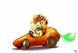 Size: 2800x1900 | Tagged: safe, artist:ami-gami, artist:amy-gamy, imported from derpibooru, carrot top, golden harvest, earth pony, pony, car, carrot, cute, driving, female, food, goggles, happy, looking at you, mare, simple background, sitting, smiling, smiling at you, solo, waving, white background