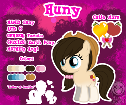 Size: 1024x853 | Tagged: safe, artist:amgiwolf, imported from derpibooru, oc, oc only, oc:huny, earth pony, pony, abstract background, apple, bow, candy apple (food), earth pony oc, eyelashes, female, filly, food, hair bow, hat, reference sheet, silhouette, smiling