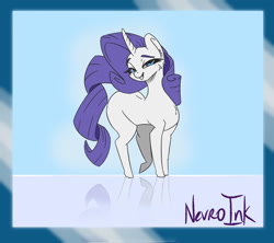 Size: 1280x1138 | Tagged: safe, artist:inkypuso, imported from derpibooru, rarity, pony, unicorn, bushy brows, female, lidded eyes, mare, missing cutie mark, smiling, solo