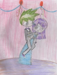 Size: 2202x2930 | Tagged: safe, artist:mexicangirl12, imported from derpibooru, spike, twilight sparkle, human, alternate hairstyle, carrying, clothes, dress, female, humanized, male, piggyback ride, shipping, straight, traditional art, twispike