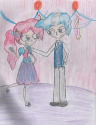 Size: 2218x2872 | Tagged: safe, artist:mexicangirl12, imported from derpibooru, pinkie pie, pokey pierce, human, clothes, dress, female, hand on hip, humanized, male, pants, pokeypie, shipping, shoes, smiling, straight, traditional art