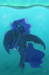 Size: 1280x1957 | Tagged: safe, artist:clomite, imported from derpibooru, princess luna, alicorn, pony, bubble, colored pupils, crepuscular rays, crown, digital painting, female, flowing mane, flowing tail, hoof shoes, horn, jewelry, lidded eyes, ocean, regalia, sky, solo, swimming, tail, underwater, water, wings