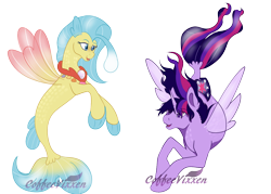 Size: 1400x1000 | Tagged: safe, artist:coffeevixxen, imported from derpibooru, princess skystar, twilight sparkle, alicorn, pony, seapony (g4), my little pony: the movie, bioluminescent, blue eyes, colored wings, dorsal fin, female, fin wings, fins, fish tail, flowing mane, flowing tail, freckles, horn, jewelry, looking at each other, necklace, open mouth, pearl necklace, purple eyes, seaponified, seapony twilight, seashell, seashell necklace, simple background, smiling, species swap, swimming, tail, transparent background, twilight sparkle (alicorn), watermark, wings