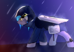 Size: 1980x1400 | Tagged: safe, artist:snowstormbat, imported from derpibooru, oc, oc only, oc:midnight snowstorm, bat pony, pony, clothes, gradient background, jacket, lidded eyes, male, open mouth, outdoors, rain, solo, stallion