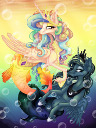 Size: 1946x2606 | Tagged: safe, artist:alzmariowolfe, artist:mario-wolfe, imported from derpibooru, princess celestia, princess luna, alicorn, hybrid, mermaid, merpony, pony, seapony (g4), abstract background, bubble, colored pupils, crown, curly hair, curly mane, ear fluff, ears, ethereal mane, eyelashes, female, fins, fish tail, flowing mane, folded wings, gem, hoof shoes, horn, jewelry, lidded eyes, looking at each other, looking at someone, mare, mermaid tail, mermaidized, ocean, regalia, royal sisters, seaponified, seapony celestia, seapony luna, siblings, sisters, smiling, smiling at each other, sparkles, species swap, starry mane, tail, underwater, water, wings