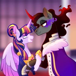 Size: 1024x1024 | Tagged: safe, artist:fourteennails, imported from derpibooru, king sombra, twilight sparkle, alicorn, pony, female, height difference, holding hooves, hoof shoes, looking at each other, male, mare, shipping, sombra eyes, stallion, straight, twibra, twilight sparkle (alicorn)