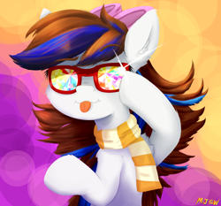 Size: 1290x1200 | Tagged: safe, artist:mjsw, imported from derpibooru, oc, oc only, oc:breezy, earth pony, pony, clothes, fanart, female, glasses, lineless, mare, mlem, scarf, silly, solo, tongue out