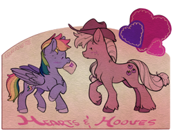 Size: 1280x973 | Tagged: safe, artist:equinoxette, imported from derpibooru, applejack, rainbow dash, earth pony, pegasus, pony, appledash, colored hooves, cowboy hat, female, hat, heart, hearts and hooves day, holiday, lesbian, mare, mouth hold, shipping, simple background, transparent background, unshorn fetlocks, valentine, valentine's day