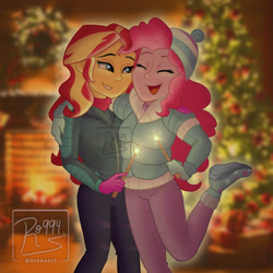 Size: 1920x1920 | Tagged: safe, artist:ro994, imported from derpibooru, pinkie pie, sunset shimmer, equestria girls, equestria girls series, holidays unwrapped, spoiler:eqg series (season 2), christmas, christmas tree, clothes, eyes closed, female, fireplace, hat, holiday, jacket, lesbian, obtrusive watermark, shipping, side hug, sparkler (firework), sunsetpie, tree, watermark, winter outfit