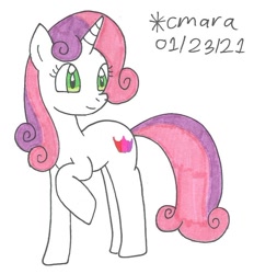 Size: 910x981 | Tagged: safe, artist:cmara, imported from derpibooru, sweetie belle, pony, unicorn, female, mare, older, older sweetie belle, raised hoof, simple background, solo, traditional art, white background