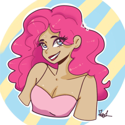 Size: 1080x1080 | Tagged: safe, artist:_denart, edit, ponerpics exclusive, pinkie pie, human, breasts, bust, clothes, eye clipping through hair, eyeshadow, female, humanized, lipstick, looking at you, makeup, skin color edit, smiling, solo